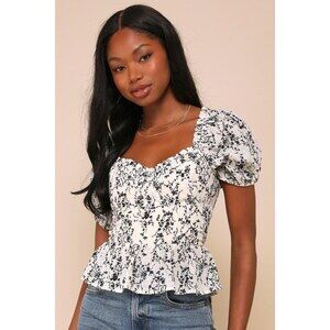 Lulus Sweetest Direction Ivory And Black Floral Puff Sleeve Top White - Size L